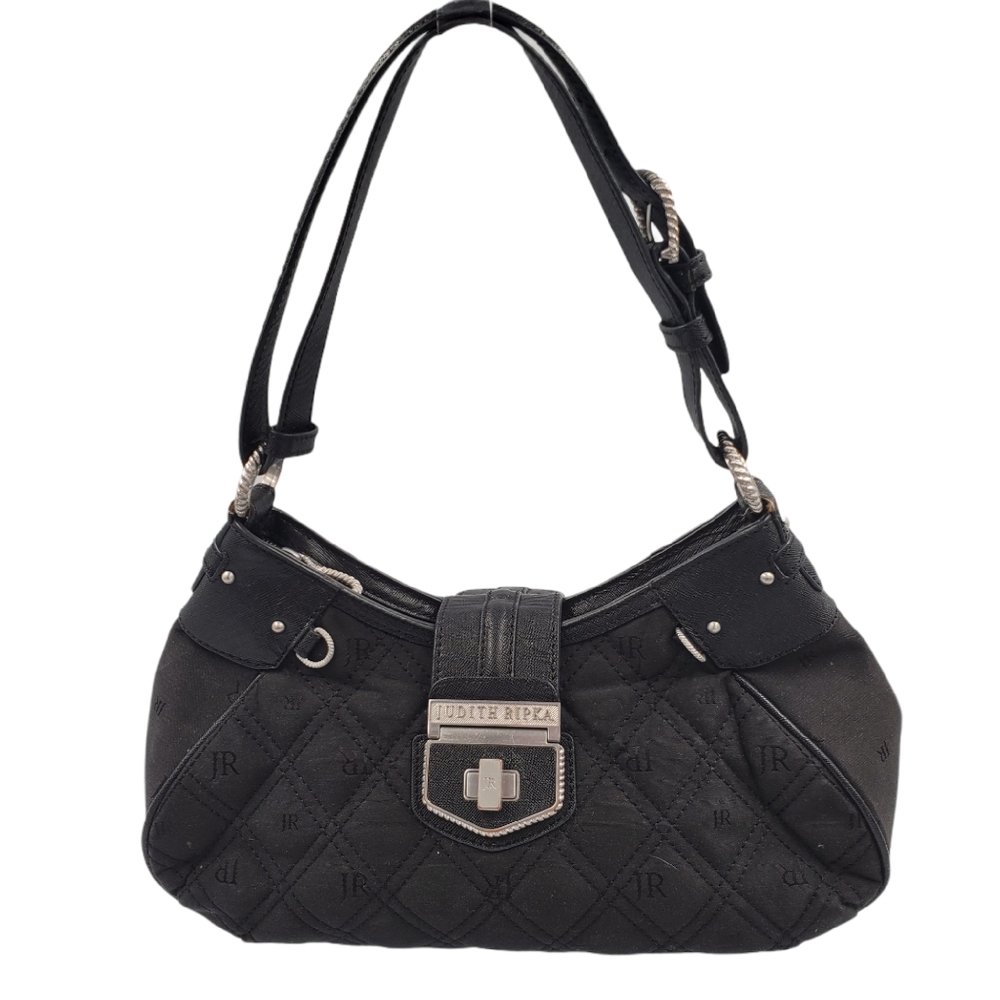 EUC Judith Ripka Black Stanton Shoulder Bag Quilted Jacquard Logo Hardware